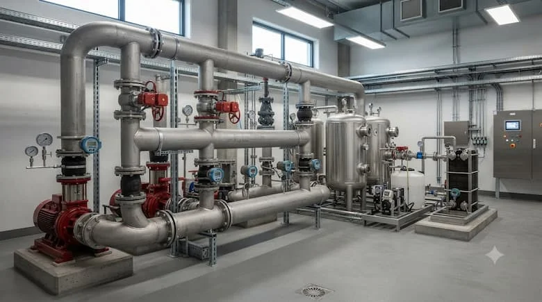 một phòng máy móc xử lý nước và HVAC công nghiệp thực tế sử dụng hệ thống đường ống DN150. Hiển thị các đường ống thép lớn được kết nối với van bướm DN150