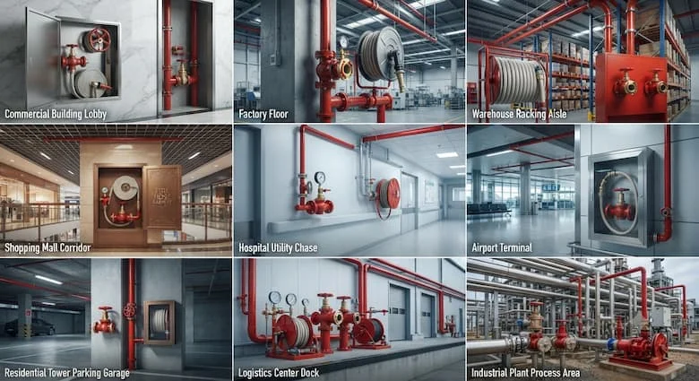 một bức tranh ghép công nghiệp thực tế thể hiện các van cứu hỏa được sử dụng trong các tòa nhà thương mại, nhà máy, kho hàng, trung tâm mua sắm, bệnh viện, sân bay, chung cư, trung tâm hậu cần và các nhà máy công nghiệp