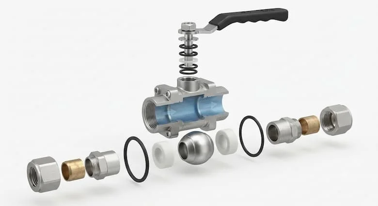 Hình ảnh kỹ thuật 3D chi tiết cao của một van công nghiệp, thể hiện tất cả các bộ phận bên trong bao gồm thân van bằng thép không gỉ