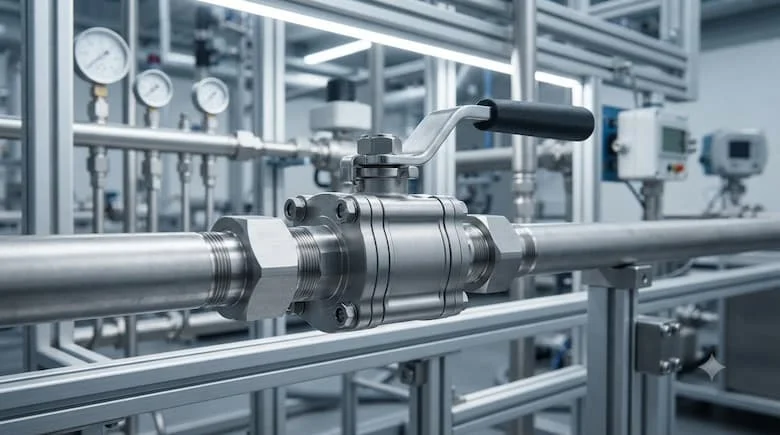 Van công nghiệp cao cấp được lắp đặt trong hệ thống đường ống bằng thép không gỉ, với các khớp nối nén