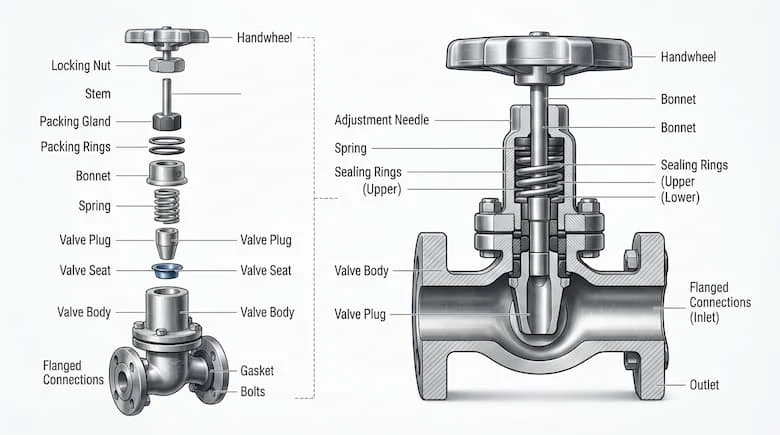 Hình ảnh kỹ thuật chi tiết và mặt cắt của một van điều khiển lưu lượng công nghiệp, thể hiện tất cả các bộ phận bên trong bao gồm thân van, nút van, đế van, trục van, kim điều chỉnh, lò xo, vòng đệm, tay quay, nắp van và các mối nối mặt bích