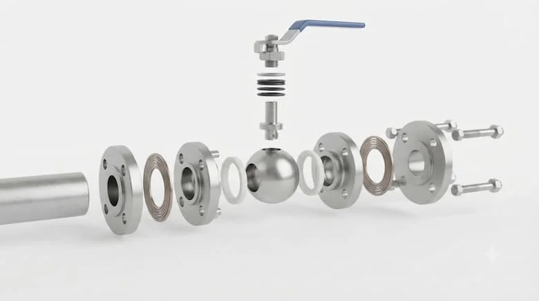 thể hiện tất cả các bộ phận bên trong bao gồm thân van, bi, trục, đế van, gioăng, vòng chữ O, nắp van, bu lông, các mối nối mặt bích và tay cầm