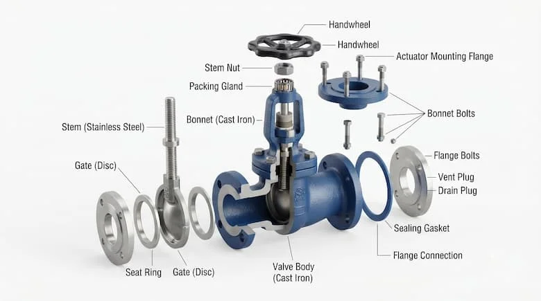Hình ảnh chi tiết các bộ phận của một van công nghiệp được thiết kế bởi GetValve, thể hiện tất cả các thành phần bên trong