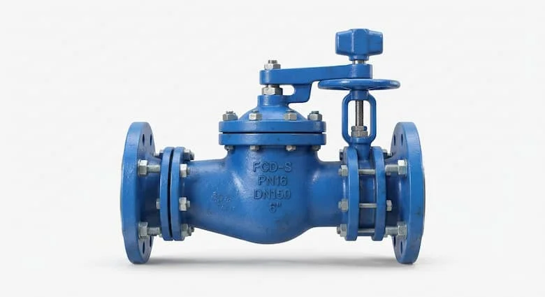 Van búa công nghiệp độ phân giải cao làm bằng gang dẻo với thân được phủ epoxy màu xanh lam và các đầu có mặt bích