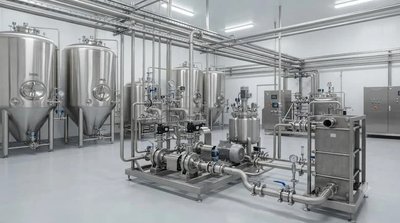 một cơ sở chế biến công nghiệp thực tế sử dụng thiết bị bằng thép không gỉ trong toàn bộ hệ thống. Bao gồm đường ống, van bi, van bướm, máy bơm, bồn chứa, bộ trao đổi nhiệt