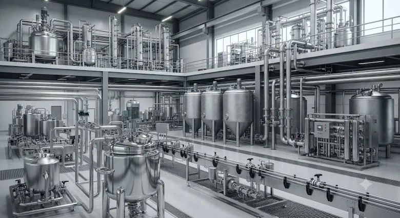 một khung cảnh công nghiệp chân thực thể hiện thép không gỉ 304 được sử dụng trong thiết bị chế biến thực phẩm, dây chuyền sản xuất dược phẩm, nhà máy chế biến hóa chất, hệ thống xử lý nước, đường ống công nghiệp, bể chứa, van, máy bơm và ống dẫn vệ sinh