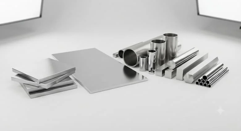 bản dựng 3D siêu thực của vật liệu thép không gỉ 304 cao cấp, bao gồm các tấm, ống, thanh và phiến thép không gỉ được đánh bóng và chải xước với bề mặt kim loại sáng bóng