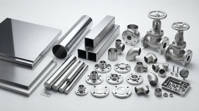ộ sưu tập cực kỳ chân thực các vật liệu thép không gỉ cao cấp, bao gồm tấm thép không gỉ đánh bóng, ống liền mạch, thanh tròn, ống vuông, mặt bích, phụ kiện và van công nghiệp
