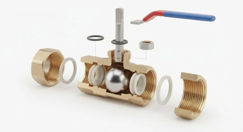 Hình minh họa 3D cắt ngang thực tế của van bi khóa nước DN20, thể hiện các bộ phận bên trong bao gồm thân van, bi bằng đồng thau, trục van, gioăng PTFE, tay gạt, đầu ren, đai ốc và vòng đệm. Hình ảnh kỹ thuật tháo rời với các chi tiết kim loại được thể hiện rất rõ nét
