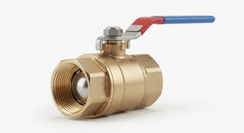 Ảnh chụp studio độ phân giải cao của một van khóa nước cao cấp DN20 (27mm) được làm bằng đồng thau rèn và thép không gỉ, có tay cầm màu xanh lam hoặc đỏ và các kết nối ren BSP