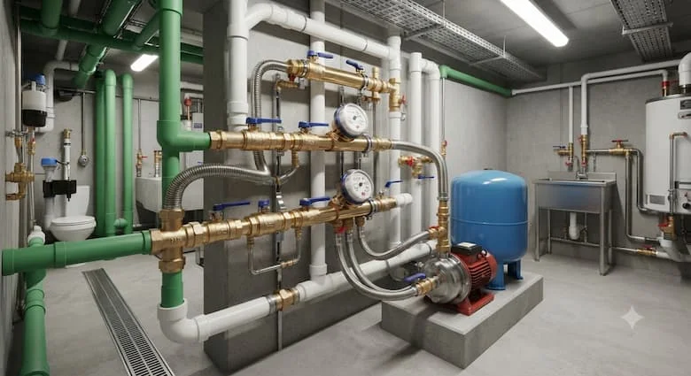 một hệ thống đường ống nước chân thực thể hiện các van khóa nước bằng đồng thau được lắp đặt trong đường ống nước dân dụng và thương mại. Bao gồm ống PVC, ống PPR, ống thép không gỉ, đồng hồ nước, máy bơm, bồn rửa và hệ thống đường ống nước gia đình