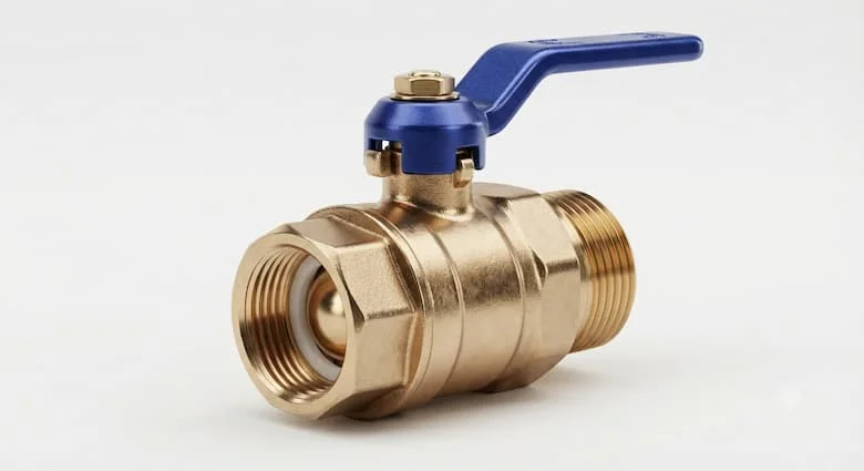  bản dựng 3D sản phẩm siêu thực của một van khóa nước bằng đồng thau cao cấp với thân bằng đồng thau được đánh bóng và tay cầm bằng kim loại màu xanh lam hoặc đỏ