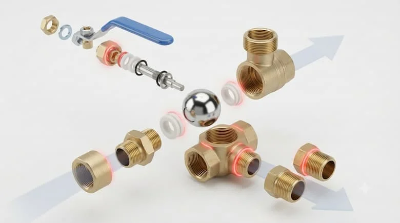 bản vẽ kỹ thuật 3D chi tiết dạng tháo rời của van bi bằng đồng thau, thể hiện tất cả các bộ phận bên trong, bao gồm thân van, bi đồng thau mạ crom, gioăng PTFE, trục van, vòng chữ O