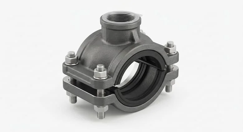 bản dựng 3D sản phẩm siêu thực của một loại kẹp định vị ống công nghiệp (kẹp định vị dịch vụ) được thiết kế cho đường ống HDPE, PVC và gang dẻo. Sản phẩm có thân bằng gang dẻo hoặc polypropylene bền chắc, bu lông bằng thép không gỉ, gioăng cao su EPDM và đầu ra nhánh có ren