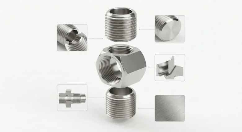 hình minh họa chi tiết dạng hình chiếu tách rời của một đầu nối ống ren kép đực DN15 (1/2 inch), làm nổi bật các ren ngoài, thân hình lục giác, bề mặt làm kín, cấu trúc thép không gỉ được gia công chính xác và thiết kế kết nối ren.