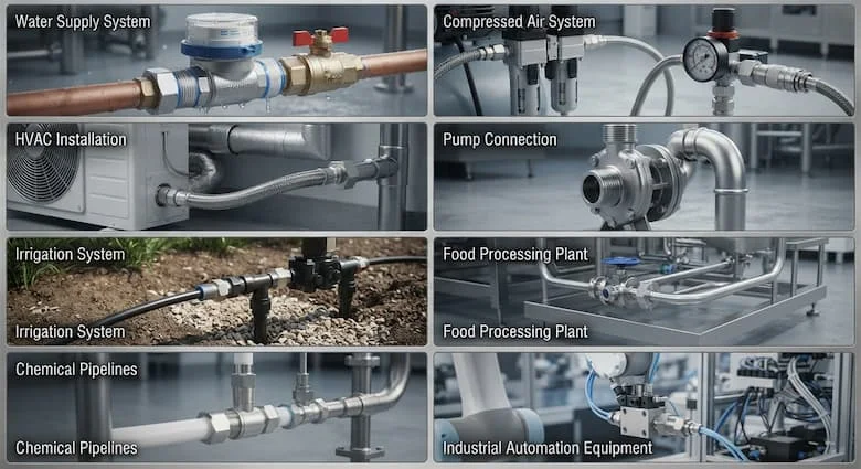 một bức tranh ghép công nghiệp thực tế minh họa các ứng dụng của đầu nối ống ren kép DN15 (1/2 inch) trong hệ thống cấp nước, hệ thống khí nén, hệ thống HVAC, kết nối bơm, hệ thống tưới tiêu, nhà máy chế biến thực phẩm, đường ống hóa chất và thiết bị tự động hóa công nghiệp
