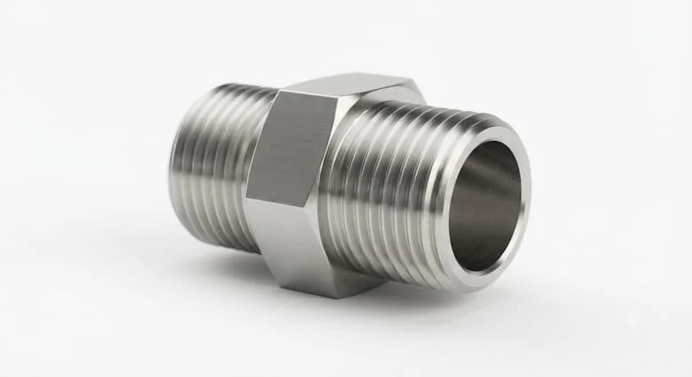 bản dựng 3D sản phẩm siêu thực của một đầu nối ống ren kép DN15 (1/2 inch) (đầu nối lục giác) làm bằng thép không gỉ đánh bóng. Phụ kiện này có ren BSP được gia công chính xác ở cả hai đầu và tâm hình lục giác để dễ dàng lắp đặt.