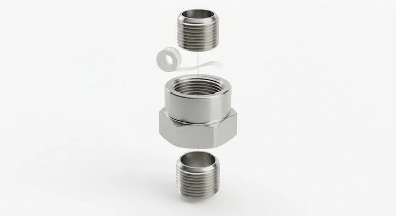 bản vẽ kỹ thuật 3D chi tiết dạng hình chiếu tách rời của khớp nối ống ren bằng thép không gỉ DN15 (1/2 inch). Hiển thị tất cả các thành phần riêng biệt, bao gồm thân khớp nối ren, ren trong được gia công chính xác, bề mặt làm kín, băng keo làm kín ren PTFE và các đoạn ống được kết nối
