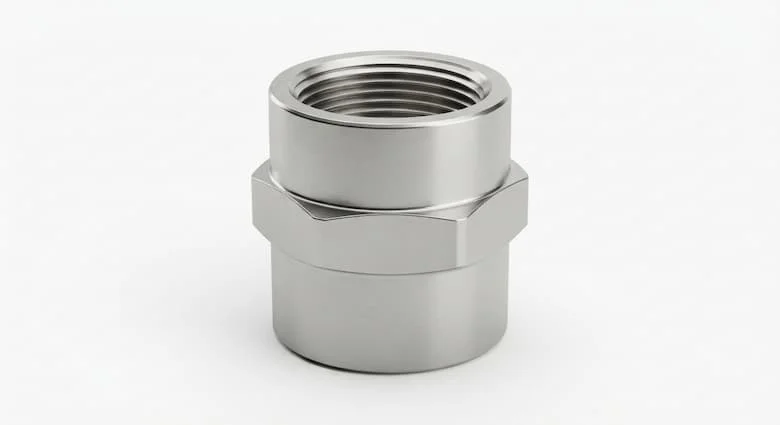 hình ảnh sản phẩm chân thực của một khớp nối ống ren bằng thép không gỉ cao cấp DN15 (1/2 inch) được đặt riêng trên nền trắng tinh. Khớp nối này có ren trong được gia công chính xác, cấu tạo bằng thép không gỉ được đánh bóng, bề mặt kim loại mịn và chất lượng đạt tiêu chuẩn công nghiệp.