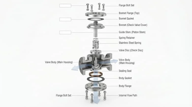 bản vẽ kỹ thuật 3D chi tiết dạng tháo rời của một van một chiều (van kiểm tra) công nghiệp. Hiển thị tất cả các bộ phận bên trong bao gồm thân van, đĩa van, lò xo thép không gỉ, trục dẫn hướng, đế van, gioăng, nắp van, các mối nối mặt bích, bu lông