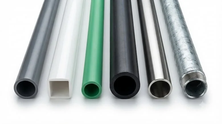 ảnh sản phẩm độ phân giải cao, thể hiện nhiều loại ống cấp nước công nghiệp khác nhau, bao gồm ống PVC, uPVC, PPR, HDPE, thép không gỉ và thép mạ kẽm.