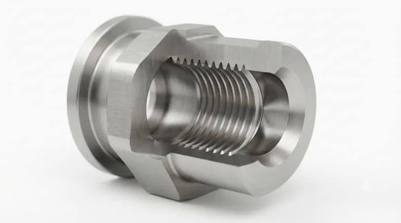 hình minh họa 3D cắt ngang chi tiết của một phụ kiện ống ren trong, thể hiện biên dạng ren trong, độ dày thành ống, bước ren, bề mặt làm kín và hình dạng kết nối