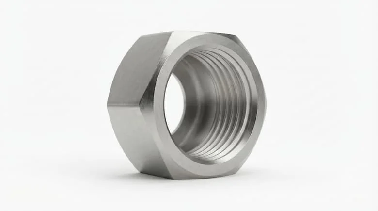 một phụ kiện ống ren trong cực kỳ chân thực làm bằng thép không gỉ 304 với ren trong chính xác. Hiển thị phụ kiện này riêng biệt trên nền trắng sạch