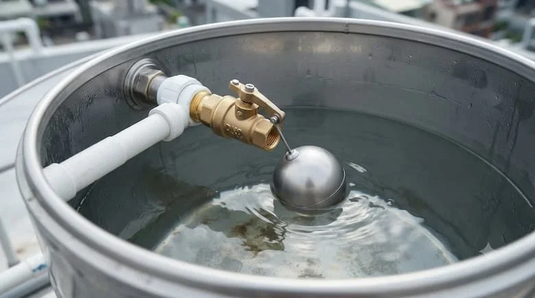 một cảnh lắp đặt thực tế của van phao cơ khí thông minh DN20 (Phi 27) được lắp đặt bên trong bồn chứa nước bằng thép không gỉ trên mái nhà của một hộ gia đình