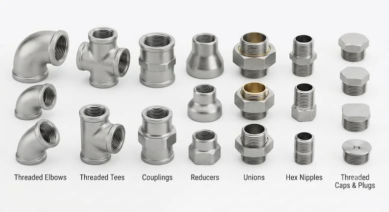 bản vẽ kỹ thuật 3D chi tiết cao, thể hiện các loại phụ kiện đường ống có ren khác nhau. Trình bày riêng biệt các phụ kiện bằng thép không gỉ như khuỷu nối ren, chữ T, khớp nối, bộ giảm đường kính, khớp nối ren, đầu nối lục giác, nắp ren, nút ren và ống lót