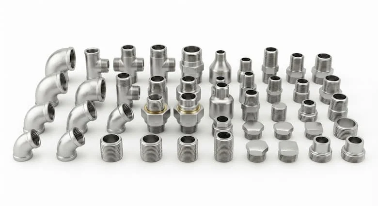hình ảnh sản phẩm chân thực như ảnh chụp, thể hiện đầy đủ bộ phụ kiện đường ống ren công nghiệp làm từ thép không gỉ cao cấp. Bao gồm các loại khuỷu ren, chữ T, khớp nối, khớp nối ren, bộ giảm đường kính, đầu nối lục giác, nắp đậy, nút bịt và ống lót được sắp xếp gọn gàng trên nền trắng tinh