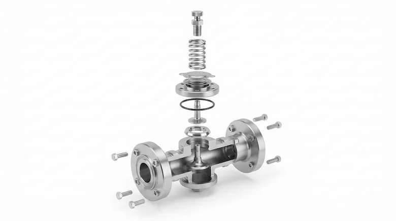 bản vẽ kỹ thuật chi tiết dạng tháo rời của một van áp suất công nghiệp, thể hiện tất cả các bộ phận bên trong được tách rời và sắp xếp rõ ràng, bao gồm thân van, vít điều chỉnh, lò xo, màng ngăn, đế van, đĩa van, trục van