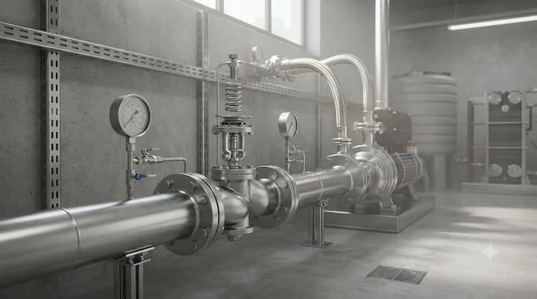 một cảnh lắp đặt công nghiệp thực tế thể hiện van điều áp được lắp đặt trên đường ống thép không gỉ trong một nhà máy hiện đại. Van được kết nối với đồng hồ đo áp suất, máy bơm và thiết bị công nghiệp bên trong phòng máy sạch