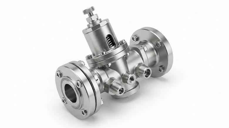 ảnh sản phẩm độ phân giải cao của một van áp suất công nghiệp làm bằng thép không gỉ, được thiết kế để điều khiển áp suất chất lỏng và khí trong hệ thống đường ống công nghiệp