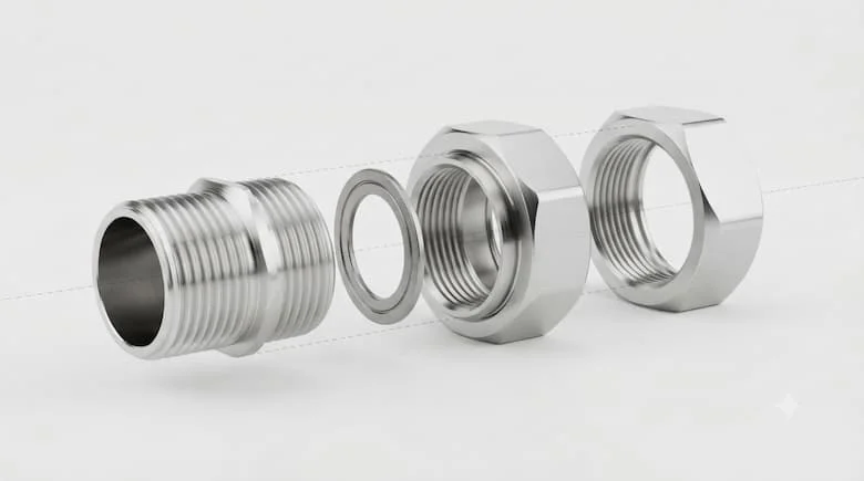 Hình ảnh kỹ thuật chi tiết các bộ phận của một khớp nối ống nước bằng thép không gỉ, thể hiện tất cả các thành phần riêng lẻ, bao gồm đầu ren ngoài, đầu ren trong, đai ốc nối, gioăng làm kín và các bề mặt làm kín