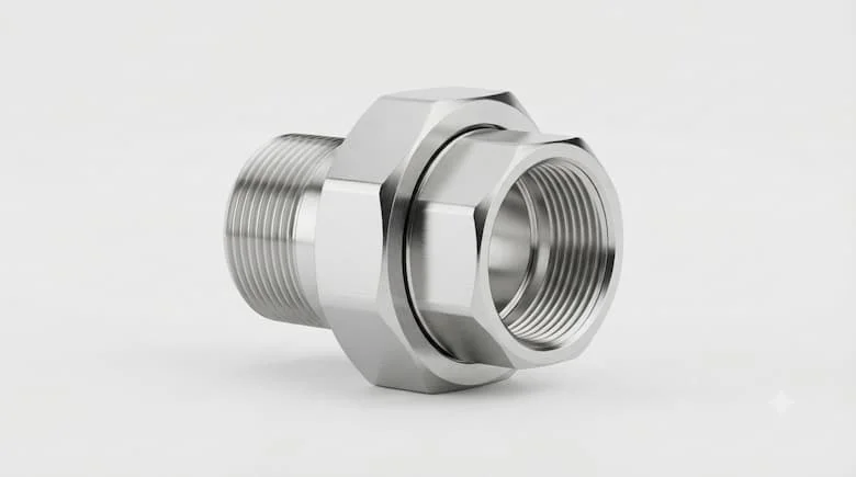 Một phụ kiện nối ống nước bằng thép không gỉ cao cấp (khớp nối ống) với các kết nối ren, được đặt riêng trên nền trắng sạch