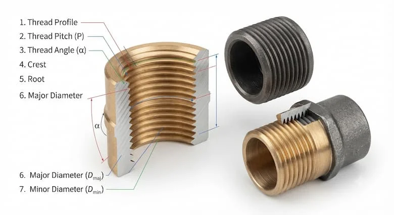 Hình minh họa 3D cắt ngang thực tế của ren trong (ren cái) bên trong một phụ kiện đường ống, thể hiện chi tiết các thông số ren như bước ren, góc ren, đỉnh ren, chân ren, đường kính ngoài, đường kính trong và sự ăn khớp với ren ngoài tương ứng