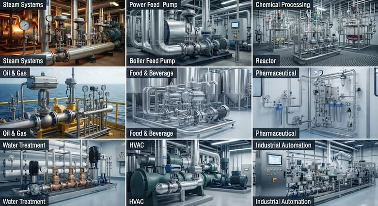 một bức tranh ghép công nghiệp chân thực thể hiện các van điều khiển Samson được sử dụng trong hệ thống hơi nước, nhà máy điện, cơ sở chế biến hóa chất, nhà máy dầu khí, nhà máy thực phẩm và đồ uống, sản xuất dược phẩm, nhà máy xử lý nước, hệ thống HVAC và tự động hóa công nghiệp