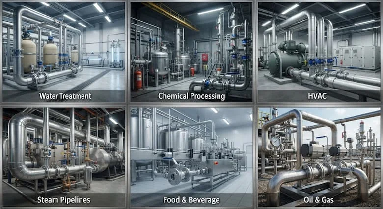 một bức tranh ghép công nghiệp thực tế thể hiện nhiều ứng dụng của van Samwoo trong các ngành công nghiệp khác nhau, bao gồm nhà máy xử lý nước, cơ sở chế biến hóa chất, hệ thống HVAC, đường ống dẫn hơi nước, nhà máy thực phẩm và đồ uống, và nhà máy dầu khí