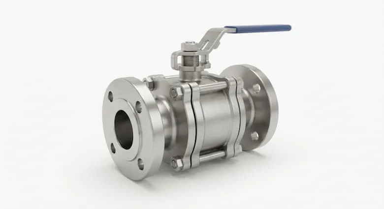hình ảnh 3D siêu thực của một van công nghiệp Samwoo được trưng bày trên nền trắng tinh. Van được làm bằng thép không gỉ với các chi tiết gia công chính xác, bề mặt kim loại được đánh bóng, kết nối mặt bích và kết cấu đạt tiêu chuẩn công nghiệp
