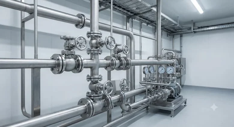 khung cảnh công nghiệp chân thực với các van khóa bằng thép không gỉ được lắp đặt trong một cơ sở chế biến hiện đại như nhà máy chế biến thực phẩm, nhà máy dược phẩm