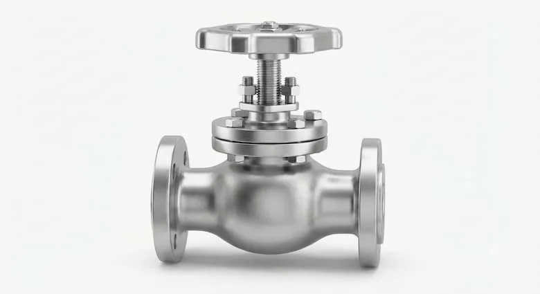hình ảnh 3D siêu thực của một van khóa bằng thép không gỉ SS304 hoặc SS316, với thân van được đánh bóng, tay quay, các kết nối ren hoặc mặt bích, trục van, nắp van và thân van