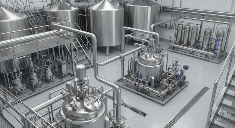 một khung cảnh công nghiệp thực tế thể hiện thép không gỉ SUS304 CP được sử dụng trong nhiều ứng dụng khác nhau, bao gồm van công nghiệp, đường ống, bồn chứa, thiết bị chế biến thực phẩm, máy móc dược phẩm