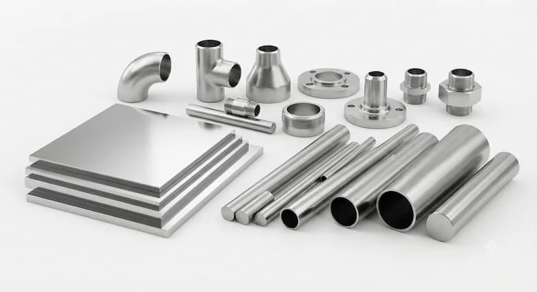 bản dựng 3D sản phẩm siêu thực của vật liệu thép không gỉ SUS304 CP, bao gồm các tấm, ống, thanh tròn và phụ kiện thép không gỉ được đánh bóng với lớp hoàn thiện cao cấp dành cho thương mại