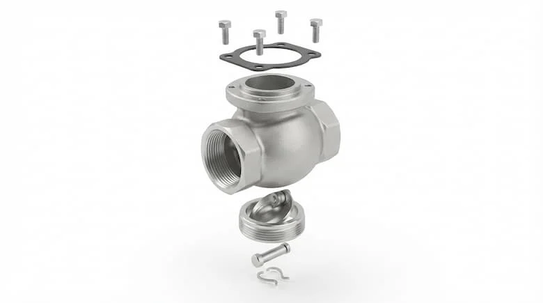 bản vẽ kỹ thuật chi tiết dạng tháo rời của van một chiều kiểu xoay 1 inch (DN25), thể hiện tất cả các bộ phận bên trong được tách rời theo thứ tự lắp ráp