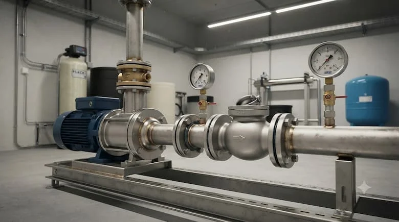 một cảnh lắp đặt công nghiệp thực tế với van một chiều kiểu xoay 1 inch được lắp đặt trong hệ thống bơm nước.