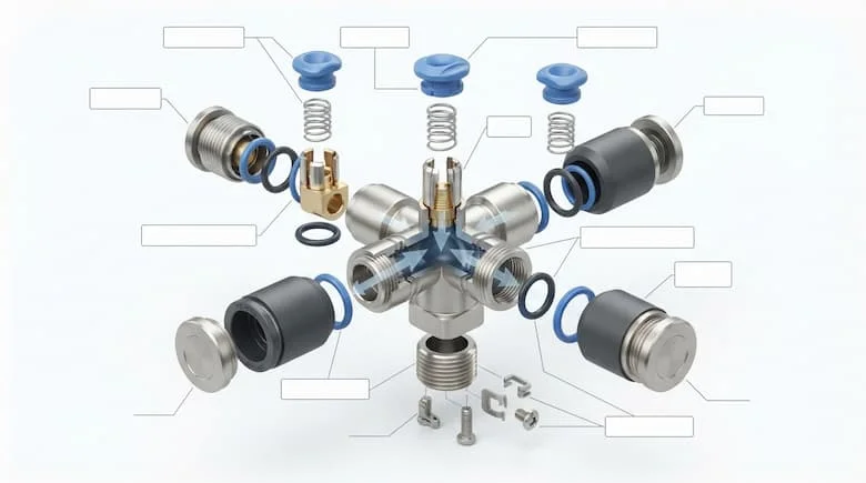 bản vẽ kỹ thuật 3D chi tiết dạng tháo rời của một khớp nối chữ T khí nén cho hệ thống khí nén. Hiển thị tất cả các thành phần bên trong bao gồm thân khớp nối, kẹp khóa đẩy, càng kẹp bằng thép không gỉ