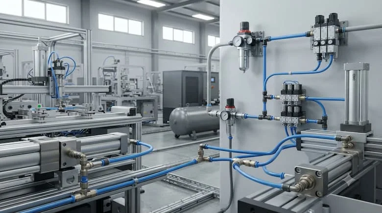 một hệ thống khí nén công nghiệp thực tế bên trong một nhà máy hiện đại bằng cách sử dụng các khớp nối chữ T khí nén được kết nối với các ống dẫn khí PU màu xanh lam