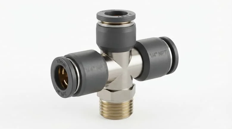 một khớp nối chữ T khí nén (đầu nối ống dẫn khí hình chữ T) cực kỳ chân thực, được thiết kế cho hệ thống khí nén