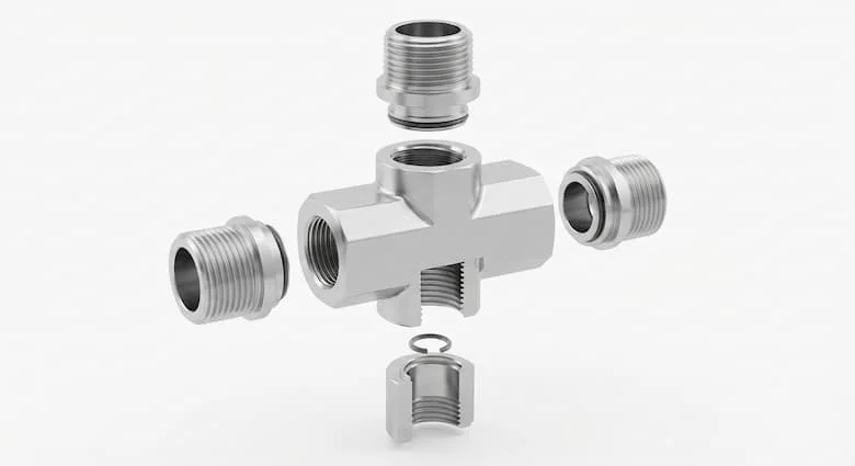 Hình minh họa kỹ thuật 3D chi tiết cao của một khớp nối chữ T ren ngoài 21mm bằng thép không gỉ, thể hiện tất cả các bộ phận bao gồm thân chữ T