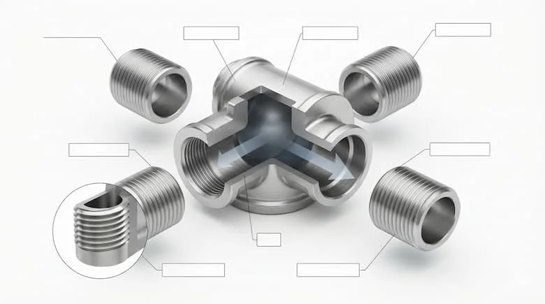 bản vẽ kỹ thuật 3D chi tiết dạng tách rời của một phụ kiện ống chữ T ren ngoài DN15 (1/2 inch). Thể hiện thân phụ kiện, các đầu ren, kênh dẫn dòng bên trong